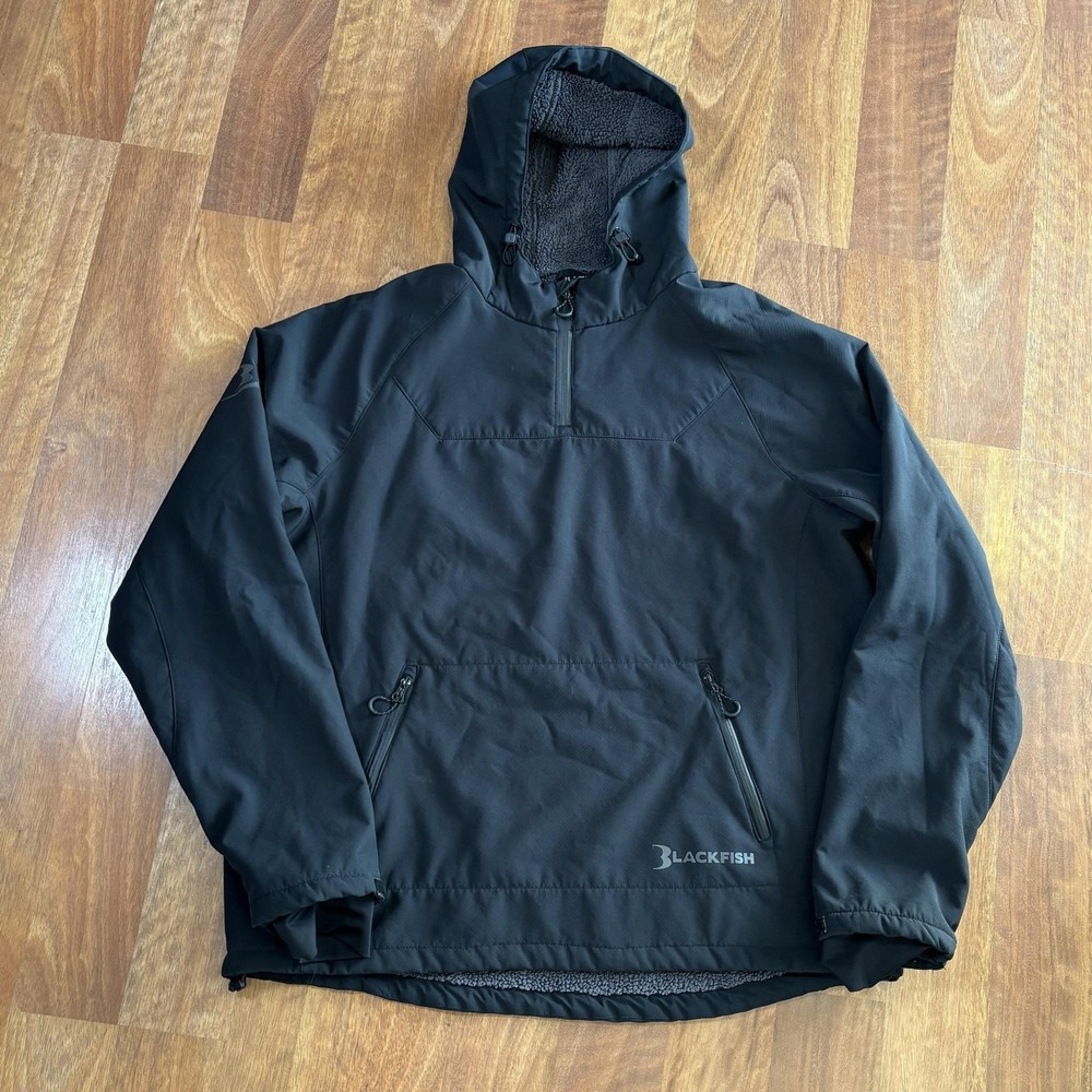 Blackfish Jacket Mens XL Black Softshell Hooded 1/4 Zip Fleece Lined Anorak